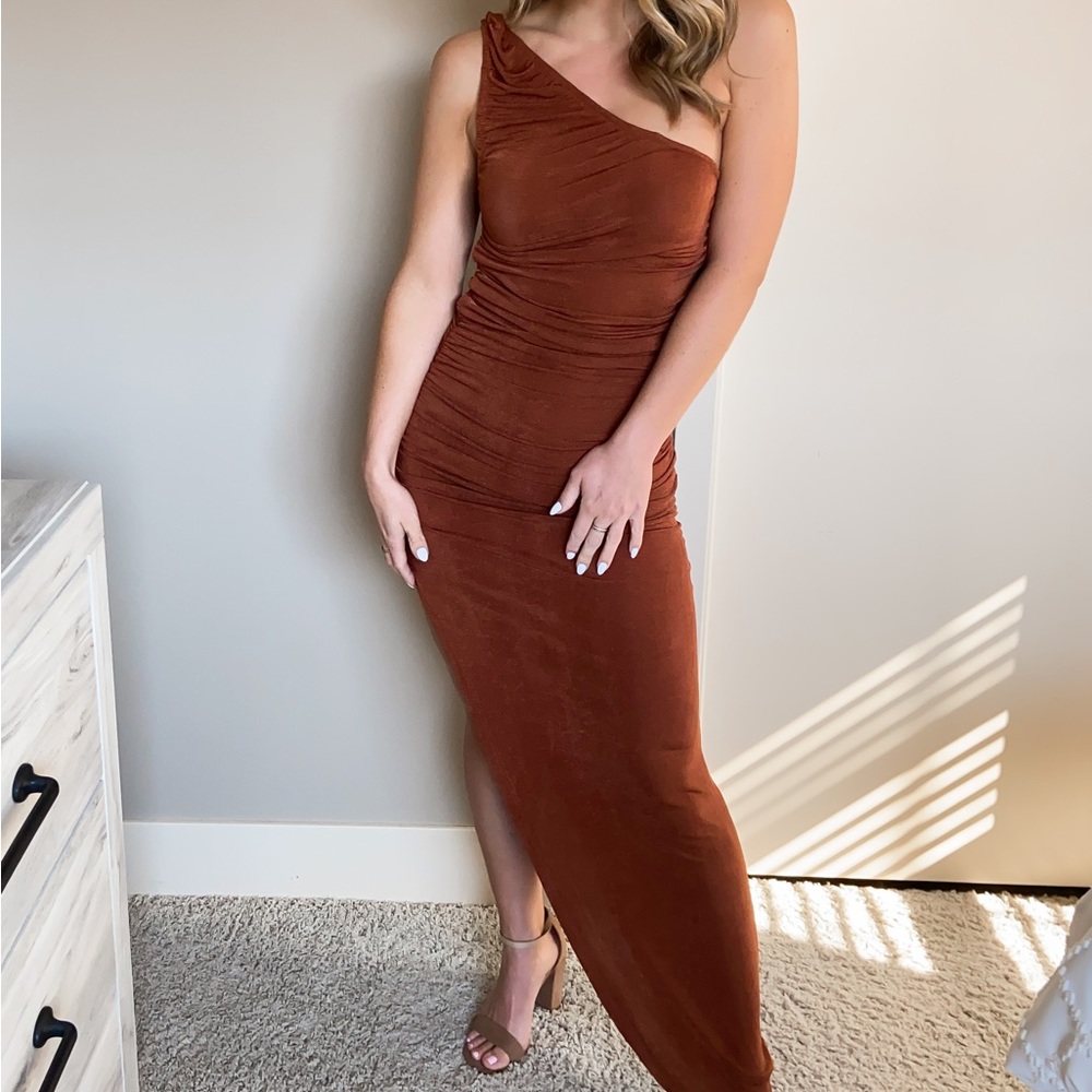 Brown one shoulder maxi dress from Hope’s